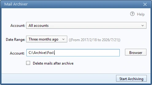 Mail Archiver dialog with account, date range, folder path and Start Archiving