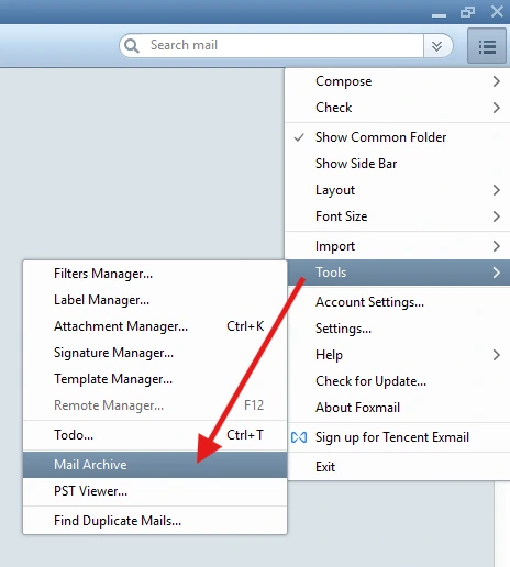 Menu with the Tools submenu open and an arrow at Mail Archive