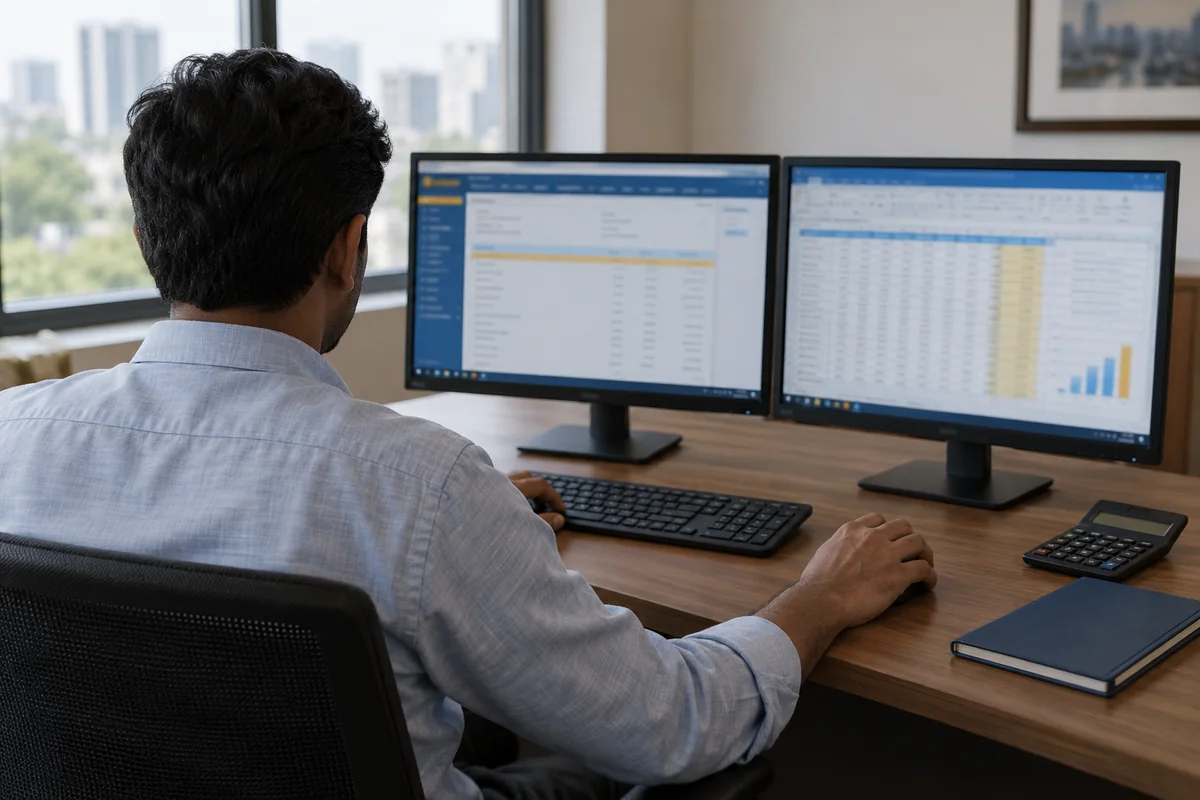 An accountant compares an accounting report with a multi-sheet spreadsheet workbook.