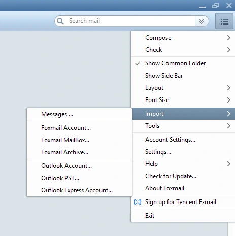 Foxmail Import submenu with seven entries