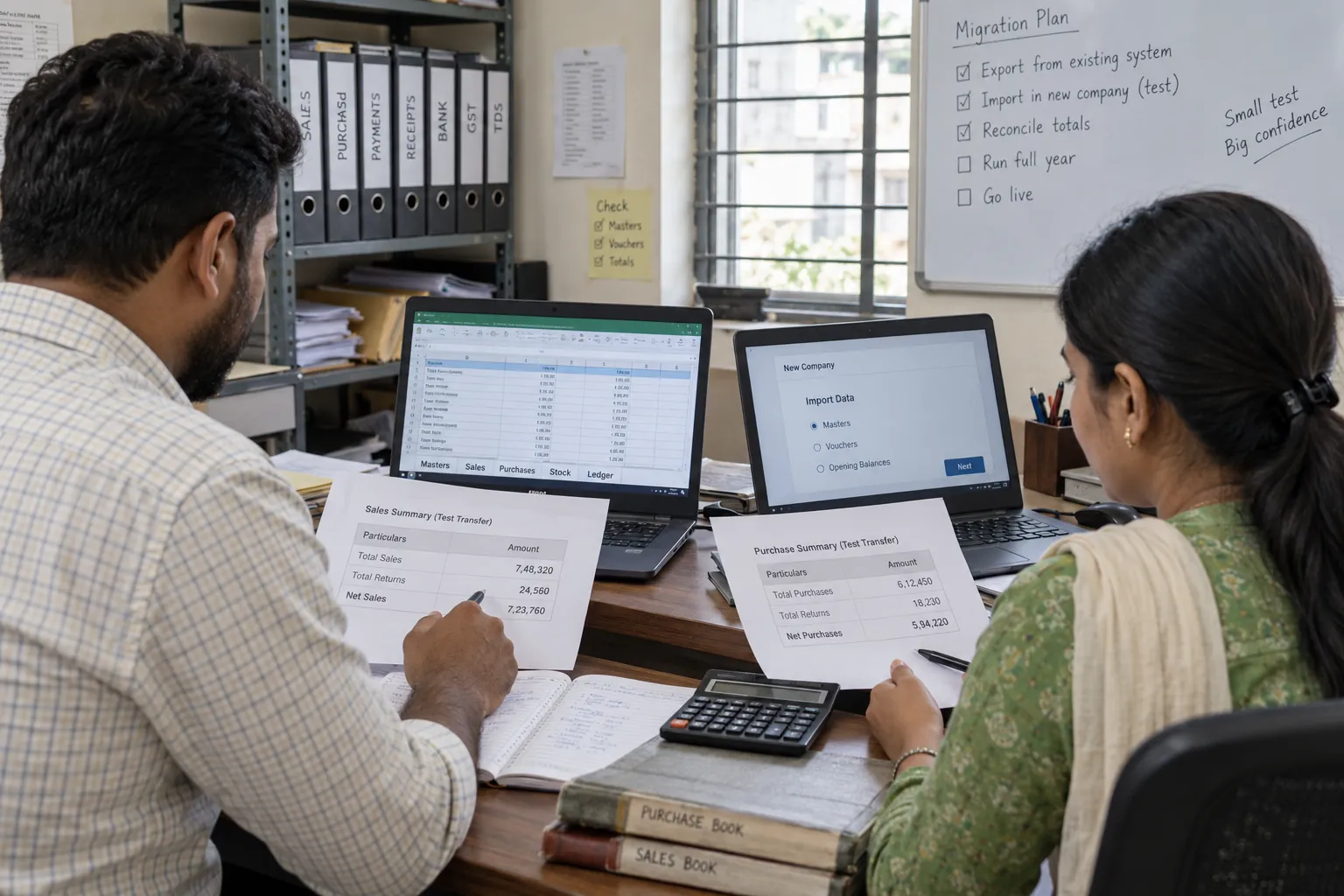 Two accountants test a Marg to BUSY transfer in a new company and compare sales and purchase totals.
