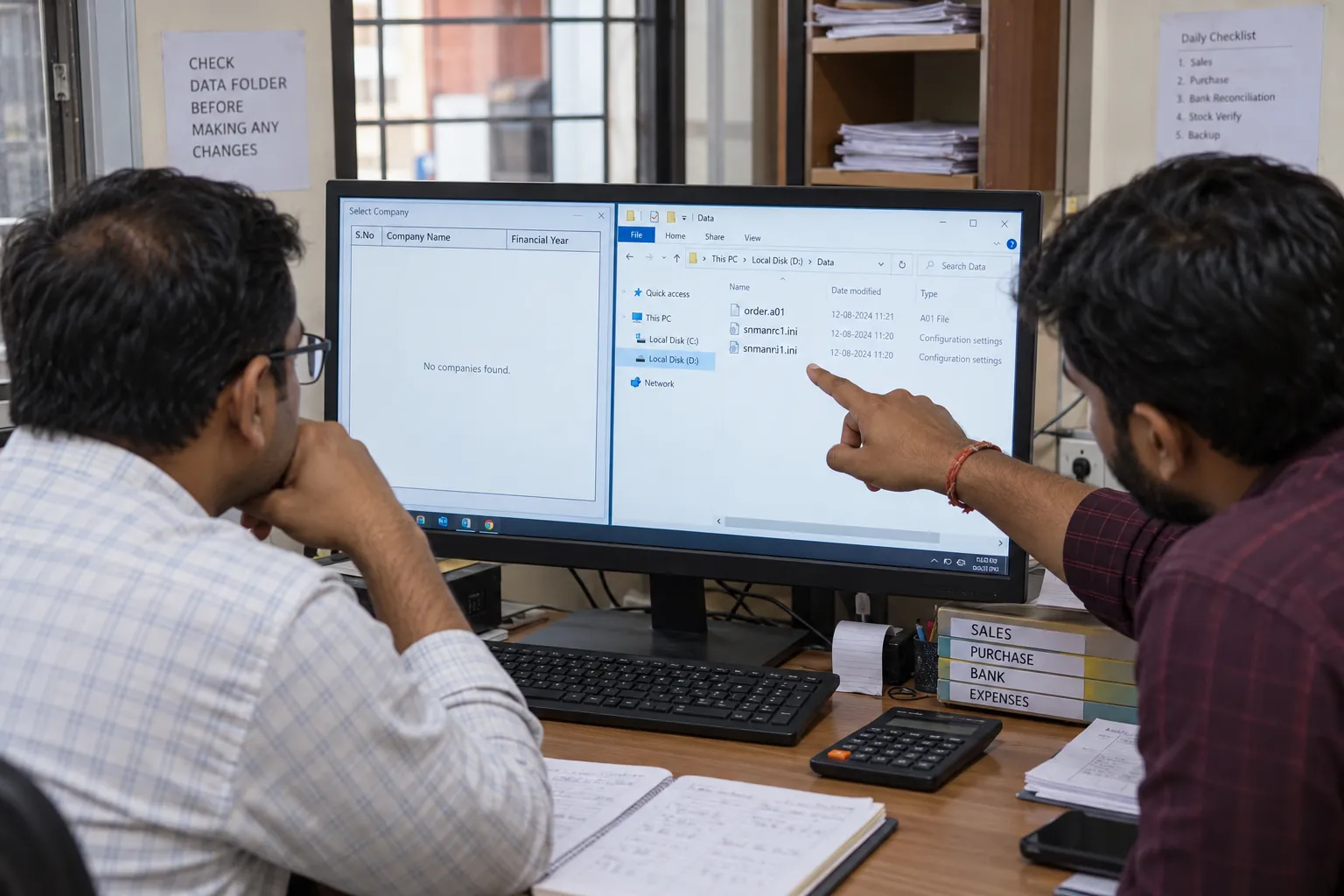 An accountant checks an empty company list against the Marg Data folder and its company and period files.