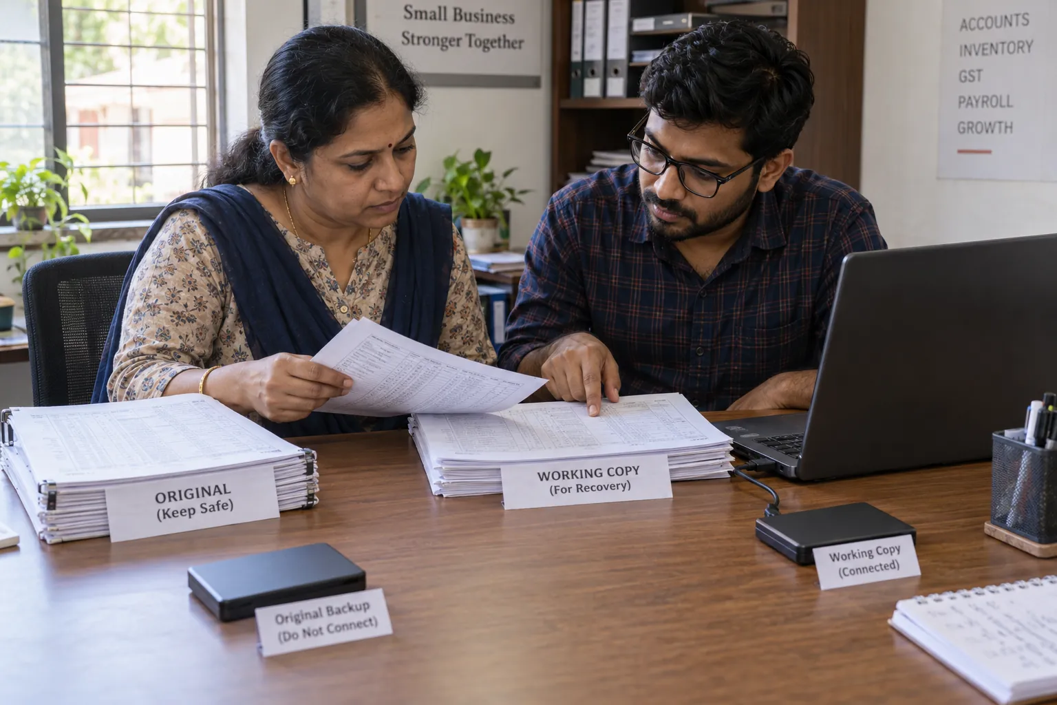 An accountant and technician compare recovered entries from a working copy with the original ledger.
