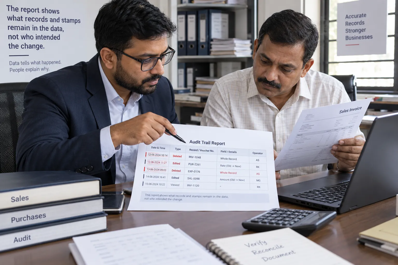 An auditor and business owner review a sample report of deleted and edited Marg entries beside an invoice.