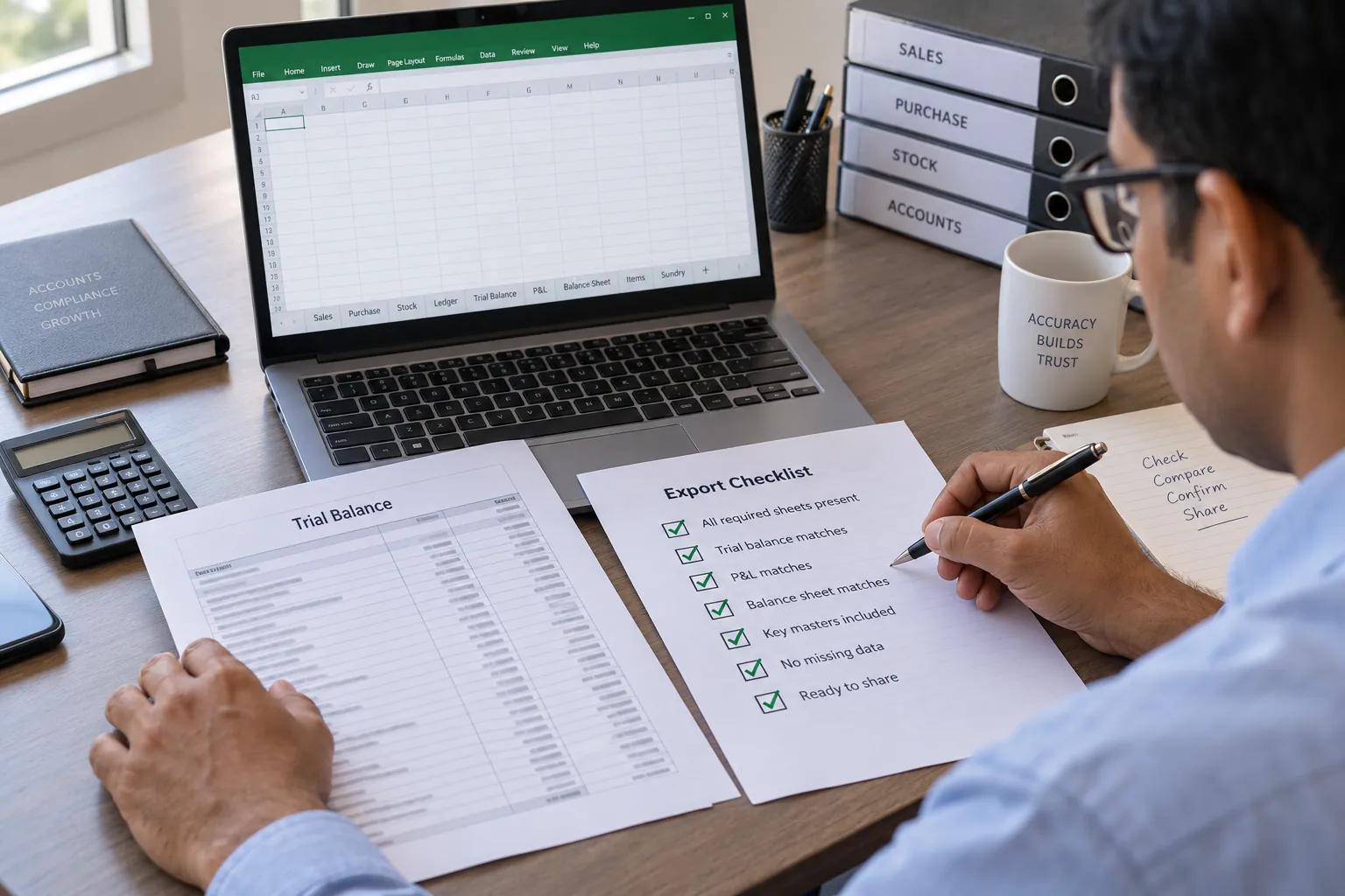 An accountant compares an Excel workbook, its sheets and a printed trial balance before sharing the export.