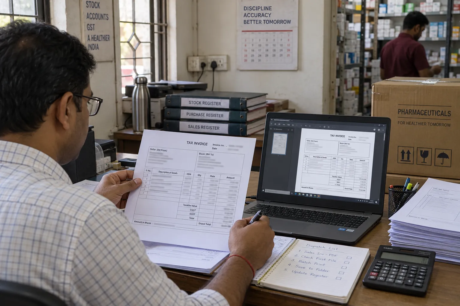 An accountant checks a Marg invoice PDF against the source bill before processing more invoices.