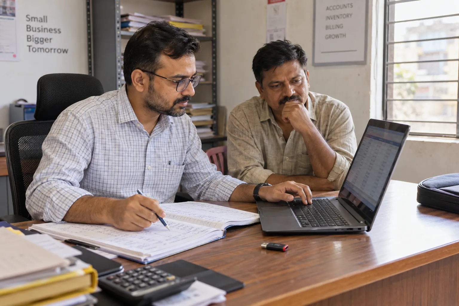 An independent accountant reads a copied Marg data folder on a laptop while keeping the client original aside.