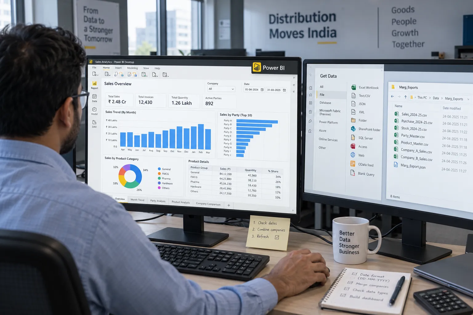 An analyst loads Marg CSV and JSON exports into Power BI to build a business dashboard.