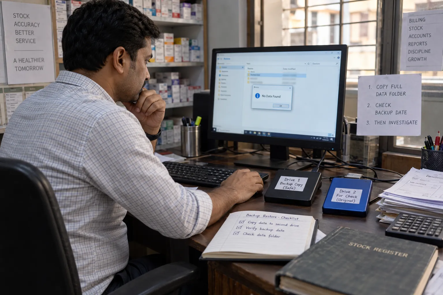 A shop accountant sees the Marg restore alert and keeps a separate copy before checking the backup.