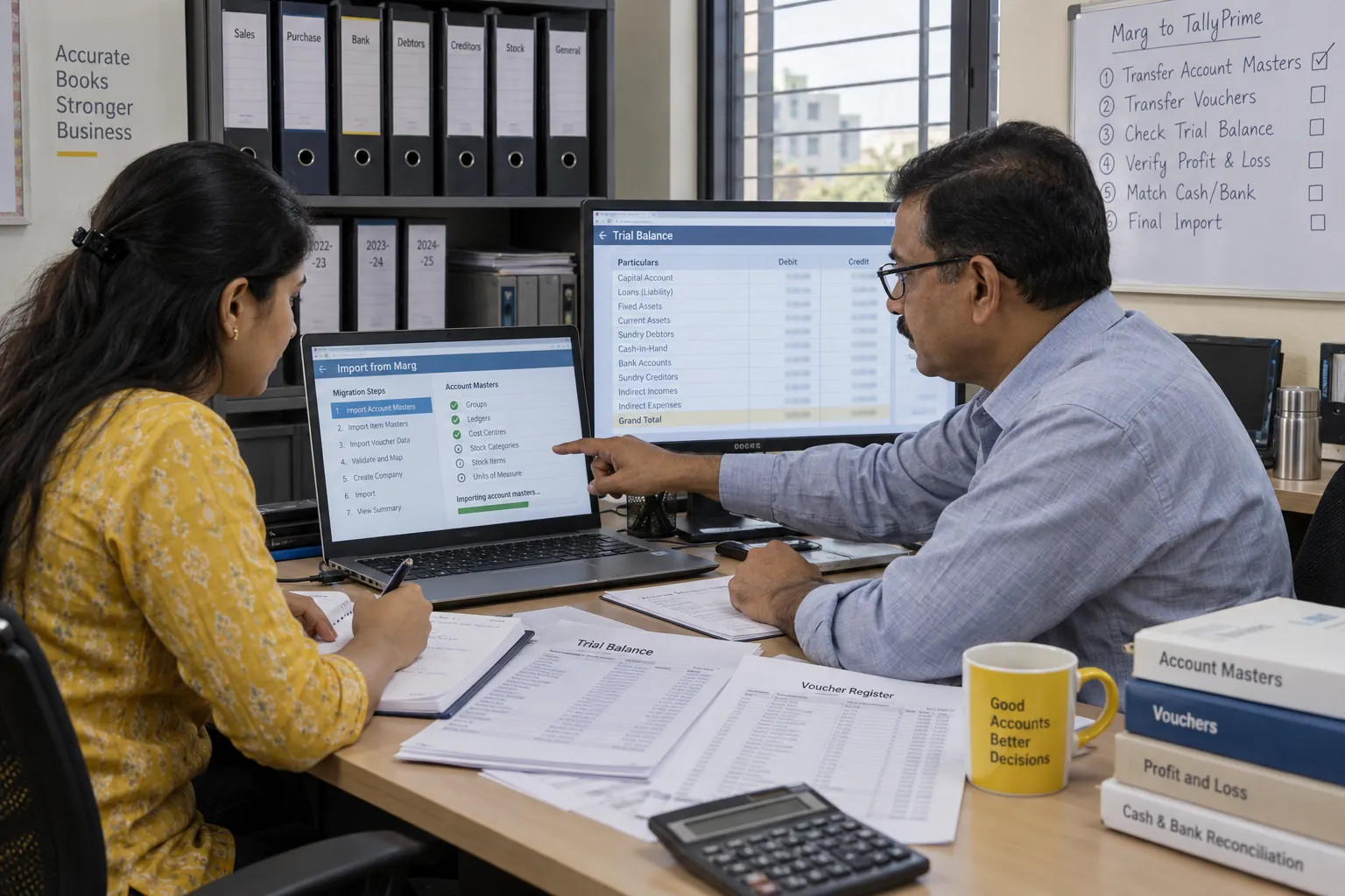 Accountants move Marg masters and vouchers into TallyPrime, then check the trial balance.