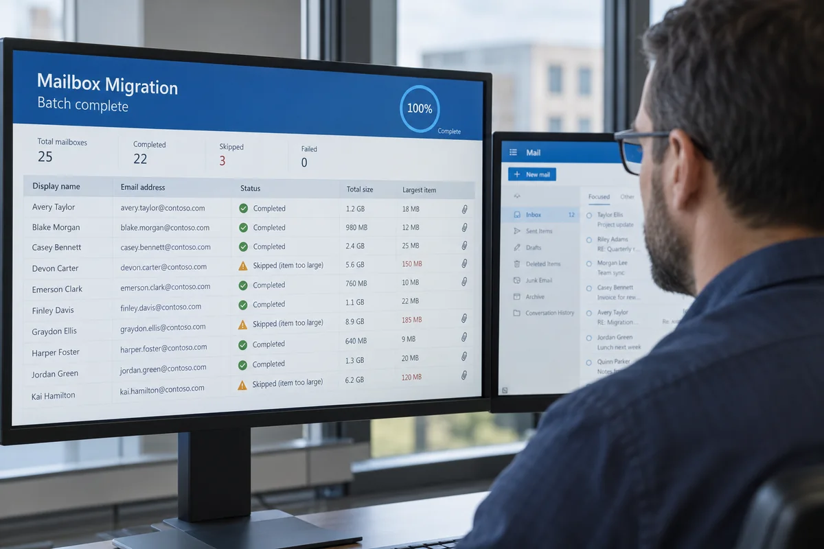 IT administrator checks a completed mailbox migration report with several large emails marked as skipped.