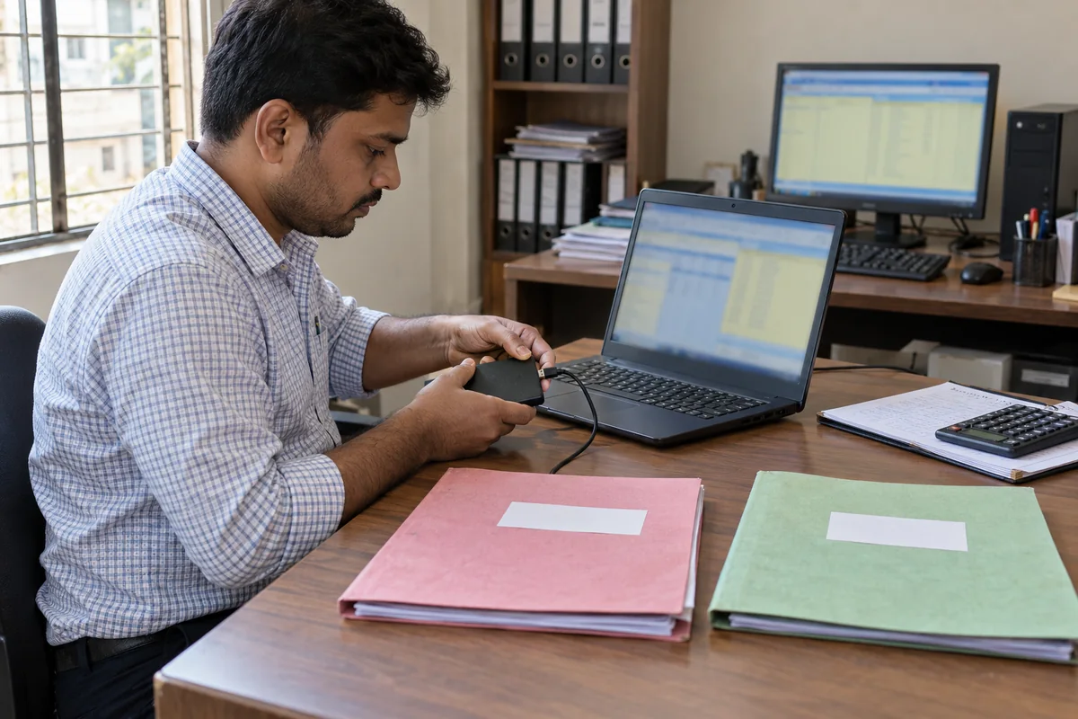 An accountant opens a backup from an external drive on a separate laptop while the main computer remains untouched.