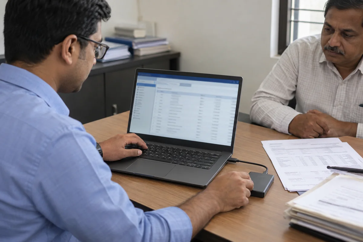 An accountant and a client review company records opened from an external drive on a laptop.