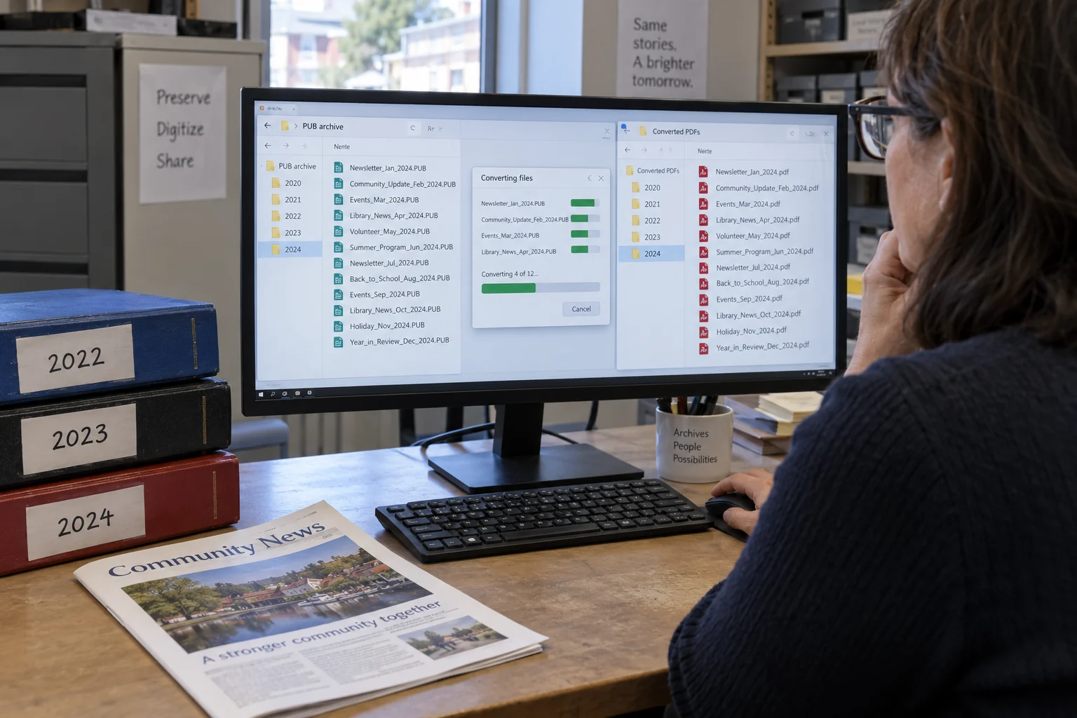 An archive folder of monthly newsletter PUB files being converted in a batch, with the matching PDF copies appearing in a Converted PDFs folder