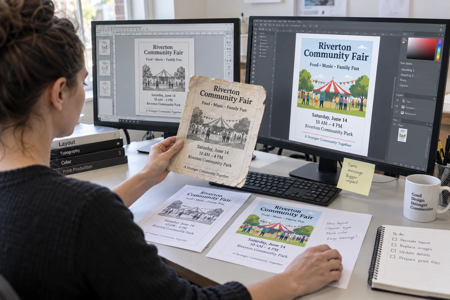 An old printed Publisher flyer held up beside its rebuilt version in a layout application on a large monitor, with both printouts compared on the desk