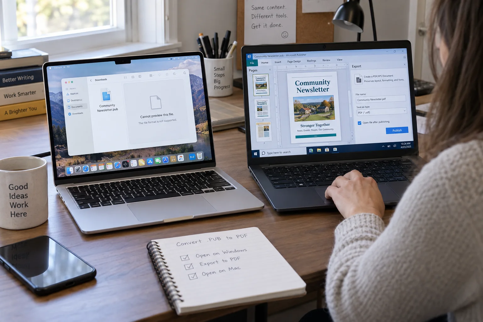 A MacBook showing Cannot preview this file for a Community Newsletter.pub file next to a Windows laptop exporting the same newsletter to PDF