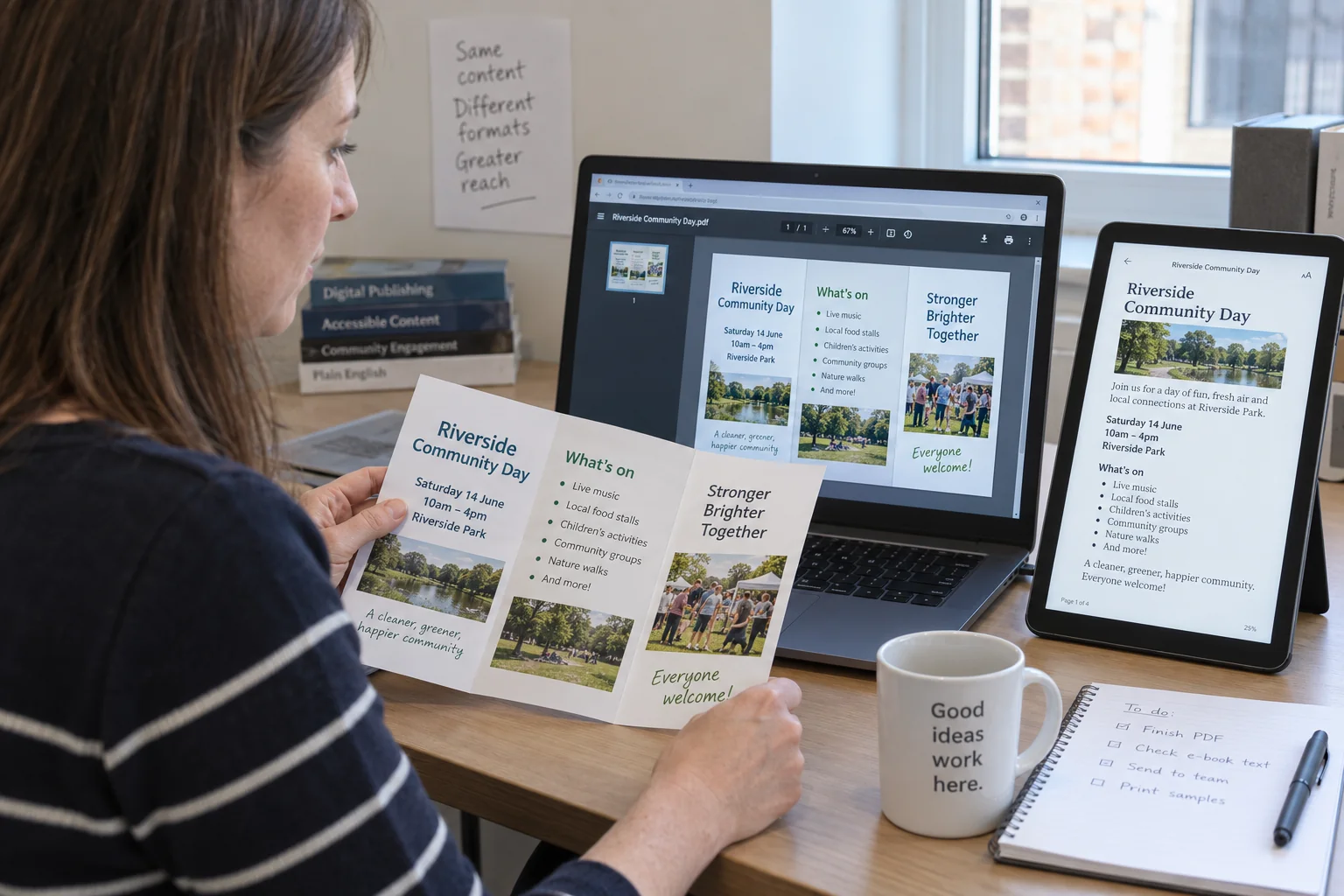 A printed tri-fold brochure next to the same brochure as a fixed-layout PDF on a laptop and as reflowed single-column text on a tablet e-reader