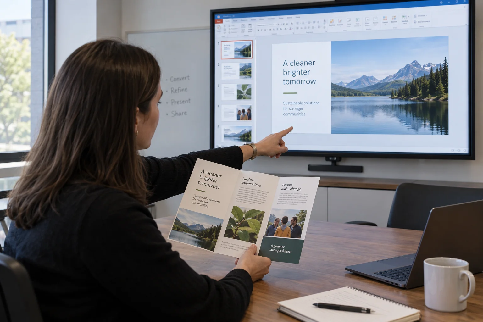 A woman holding a printed tri-fold brochure and pointing at the same cover content shown as a PowerPoint slide on a meeting room screen