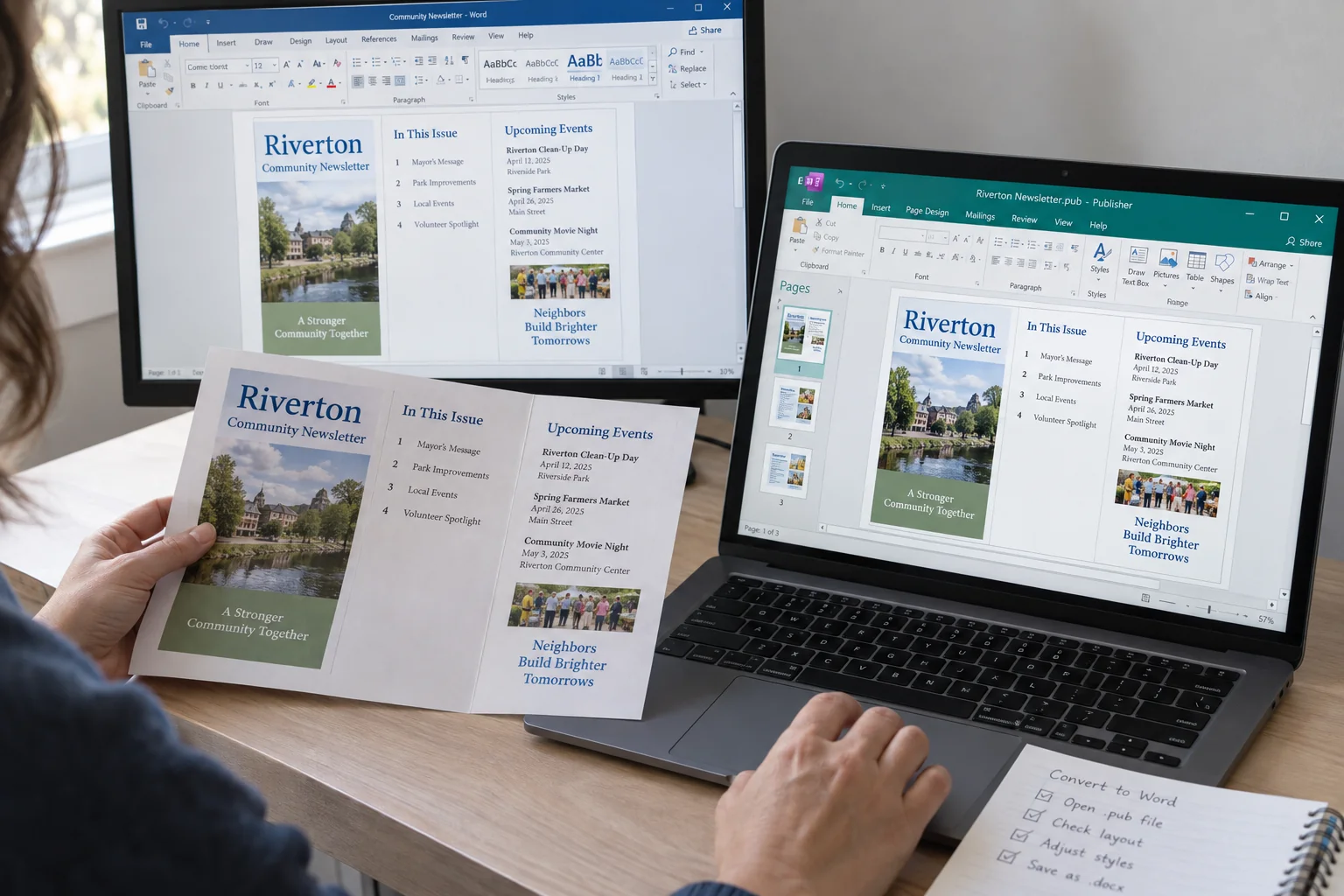 A Publisher newsletter open on a laptop next to the same newsletter in Microsoft Word on a second monitor, with the printed copy and a convert to Word checklist on the desk