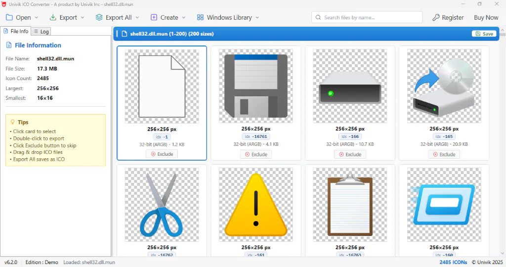 Univik ICO Converter showing Windows built in icons with their index numbers for folder icon references