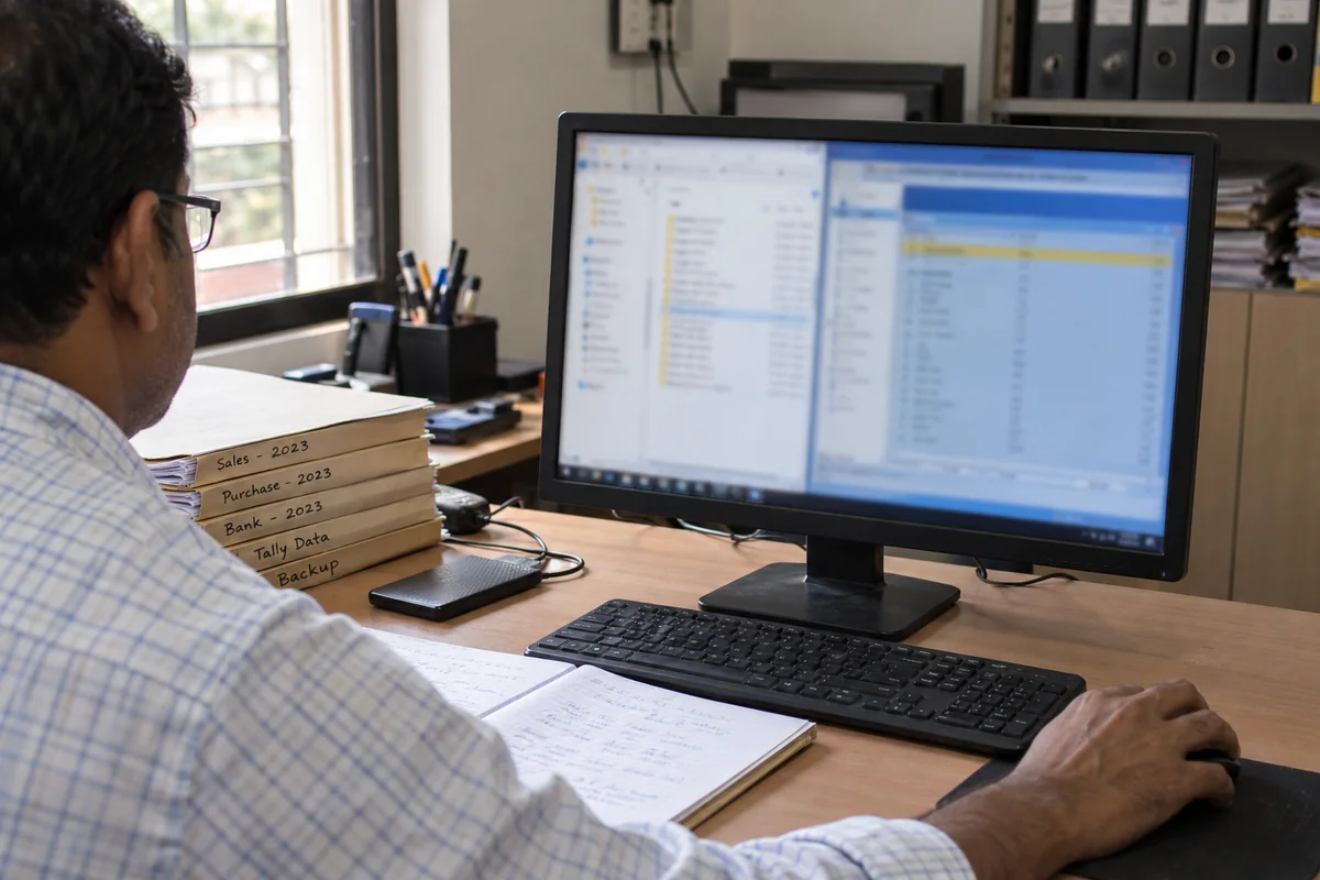 An accountant checks a company folder on the computer and compares it with the accounting list.