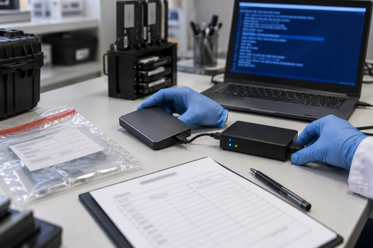 An examiner handles a drive, write blocker and custody paperwork at a clean evidence bench.