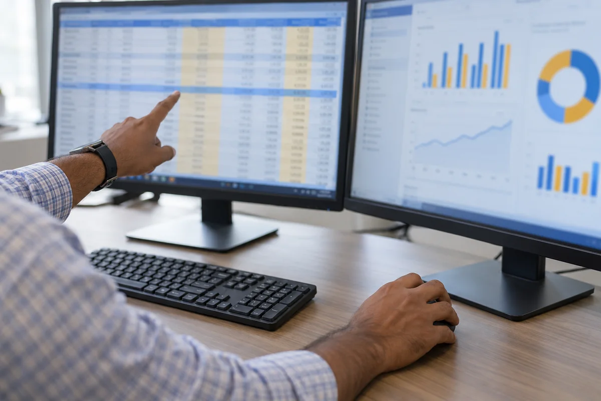 An analyst checks accounting rows alongside a business dashboard.