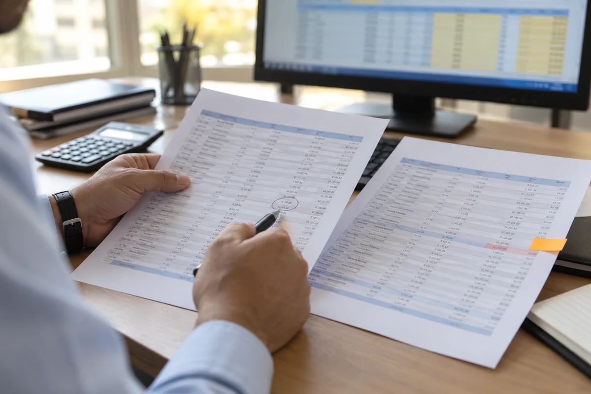 A finance professional compares voucher records on paper with an accounting history on screen.