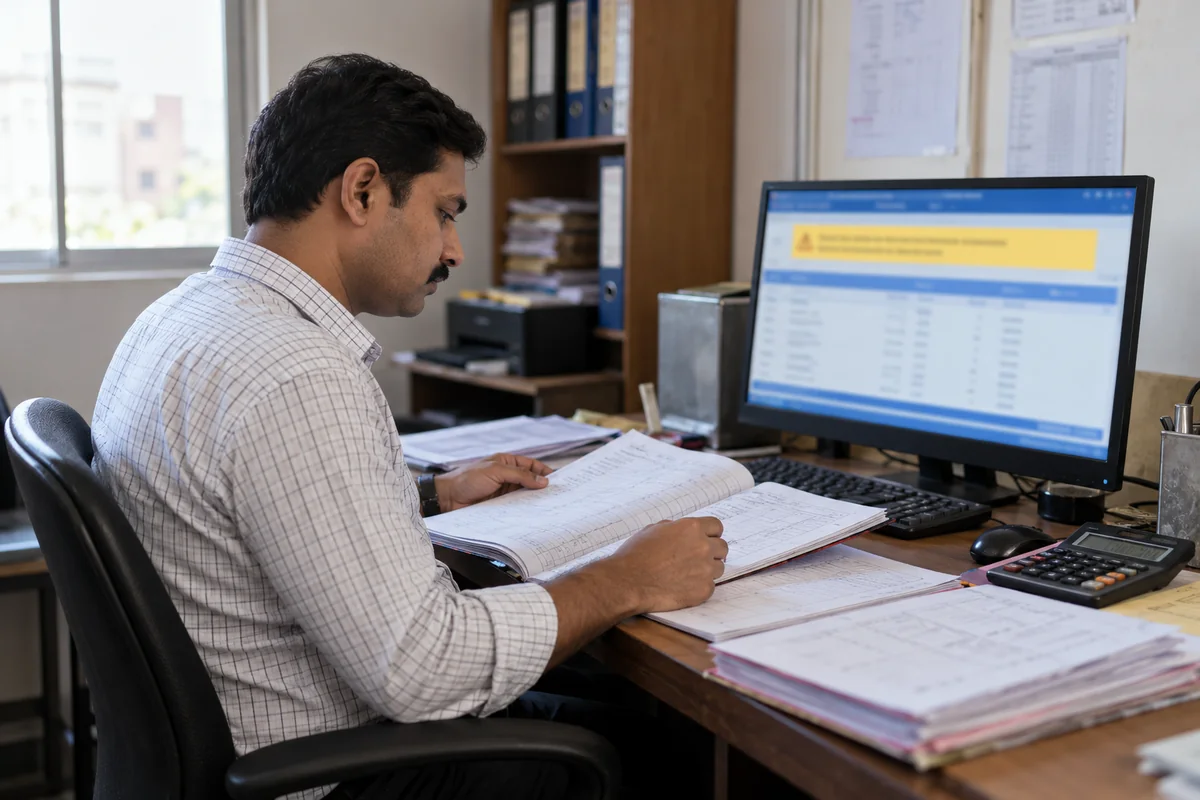 An accountant checks the books while a licence notice appears above the records on screen.