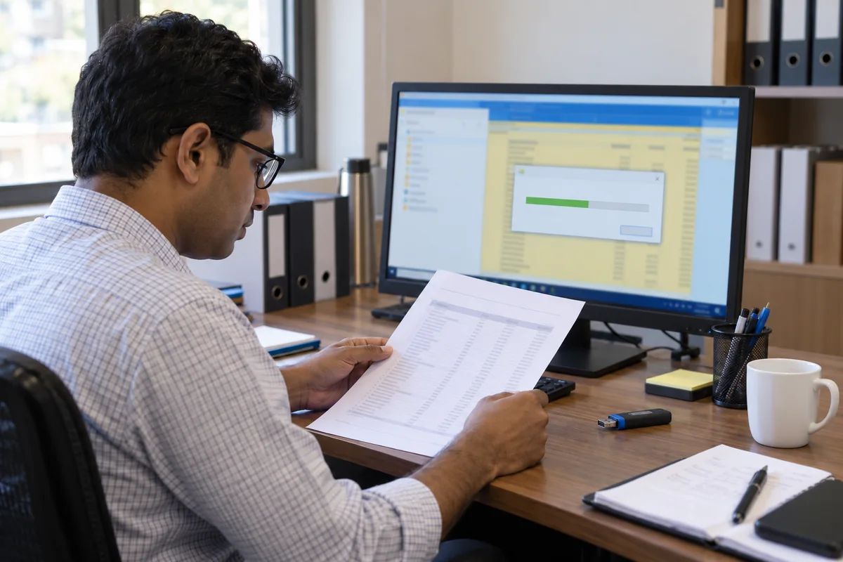 An accountant copies a Tally company folder and checks a trial balance before repair.