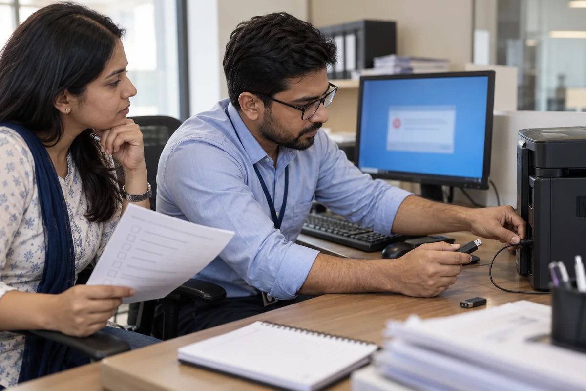 An IT technician checks a printer connection while an accountant records troubleshooting steps.