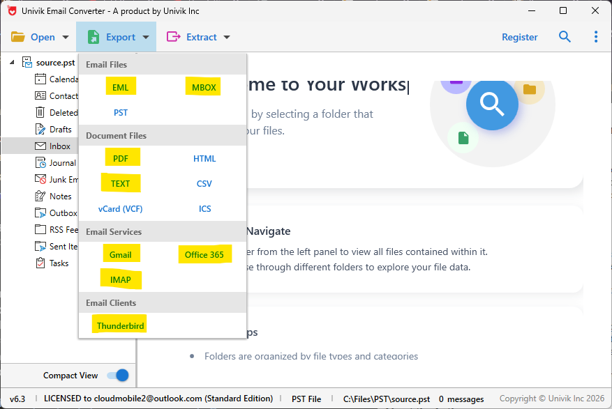 Univik Synology MailPlus Converter showing MBOX as one of the available export format options for DSM 7 PST files