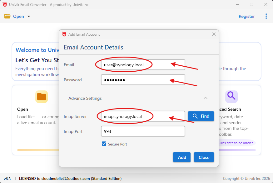 Univik Converter IMAP account details form showing hostname, port and credentials fields for Synology MailPlus