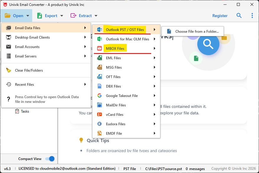 Univik Synology MailPlus Converter viewer showing exported mailbox with folder tree and email list