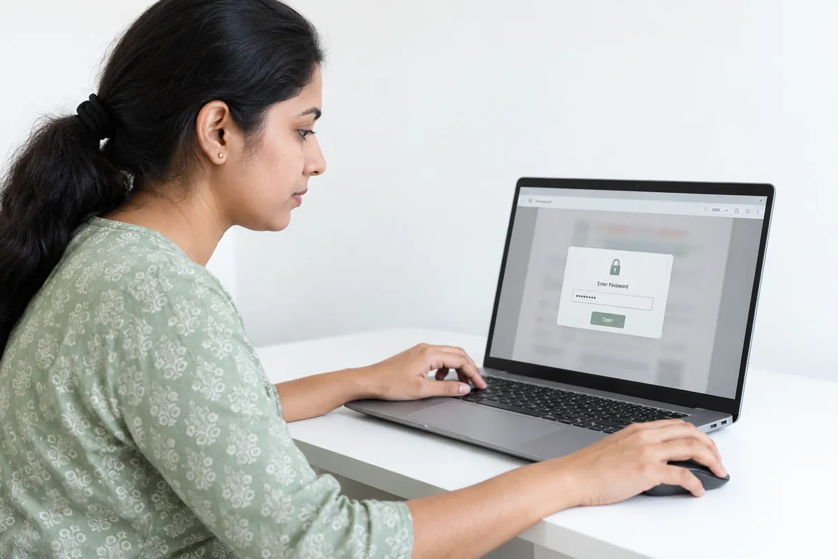 A person opens a password-protected identity PDF on a laptop; the page details are blurred