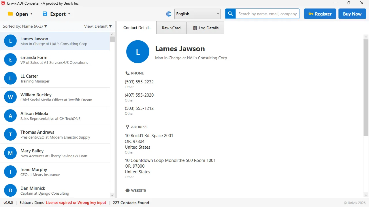 Univik ACT ADF Converter listing ACT! contacts read from the .adf database file