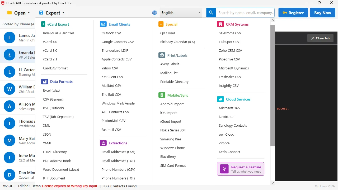 Univik ACT ADF Converter export menu with vCard, Excel, CSV, PST and CRM formats
