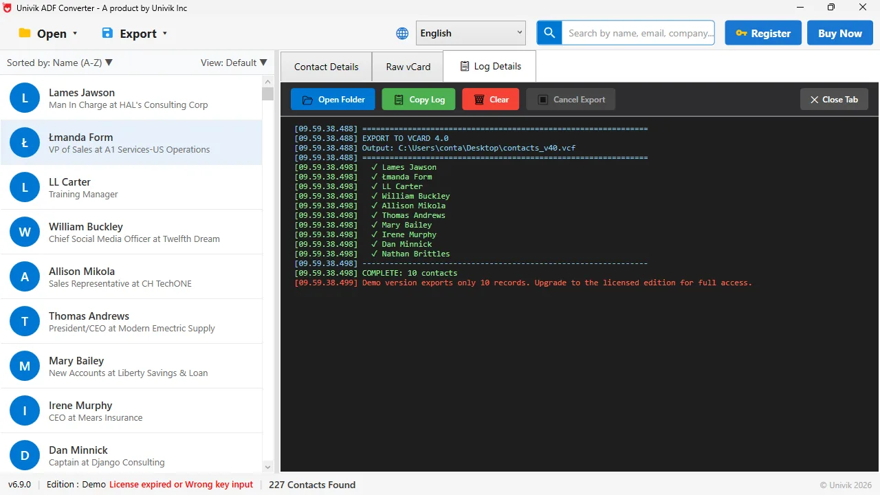 Univik ACT ADF Converter export log showing ACT! contacts written to a vCard file