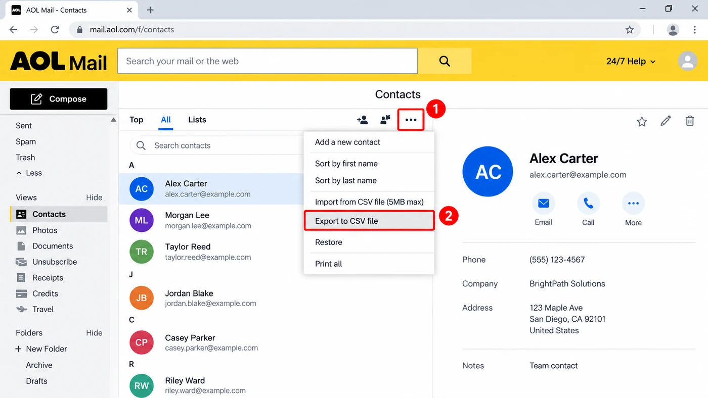 AOL Mail Contacts with the More menu open and Export to CSV file highlighted, a contact card showing on the right