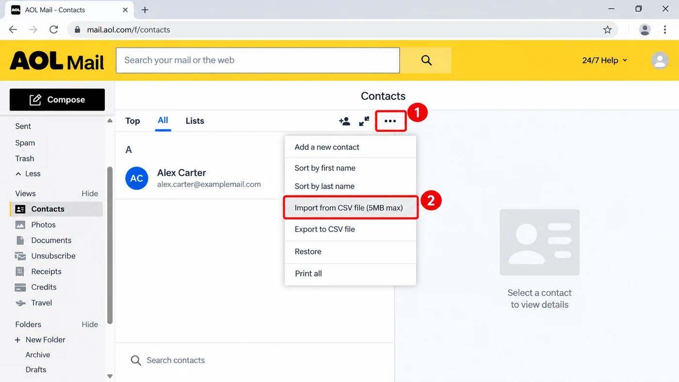 AOL Mail Contacts with the More menu open and Import from CSV file highlighted