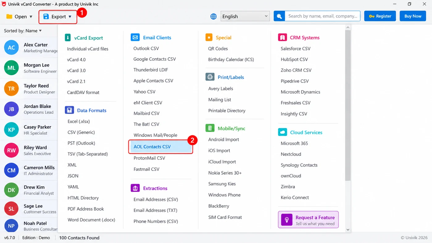 Univik vCard Converter with the Export menu open and AOL Contacts CSV highlighted among the output formats