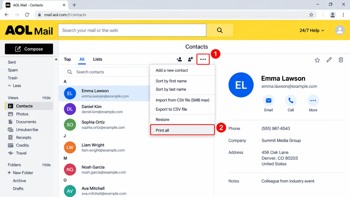 AOL Mail Contacts with the More menu open and Print all highlighted, a contact card showing on the right