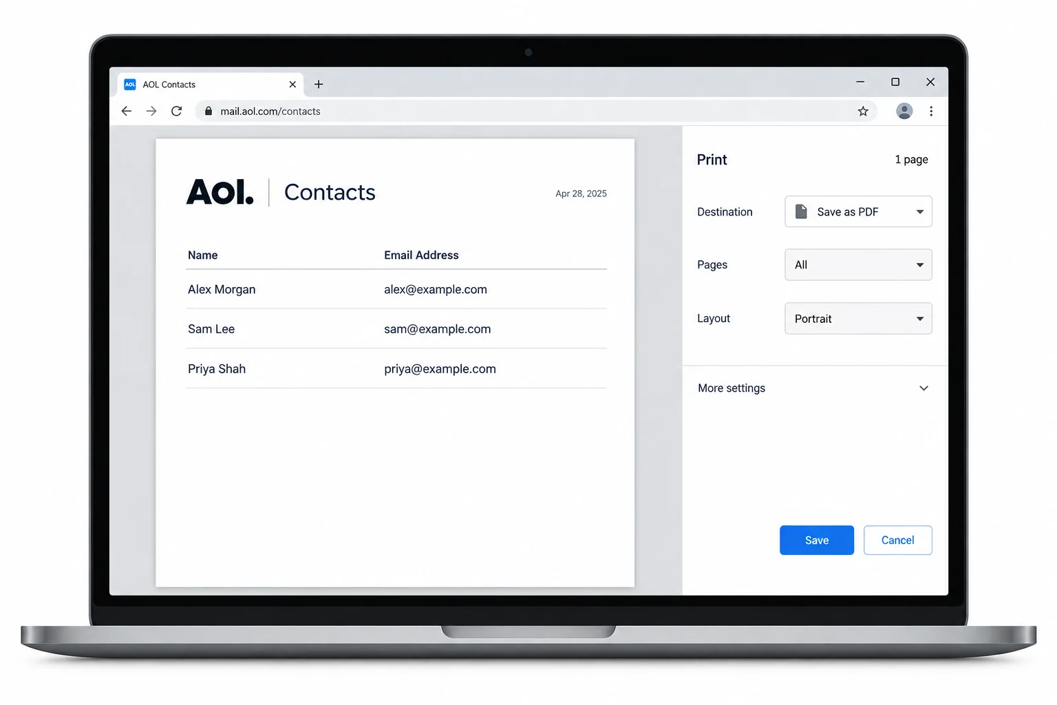 Use the print preview to check the contact list before saving it as a PDF.