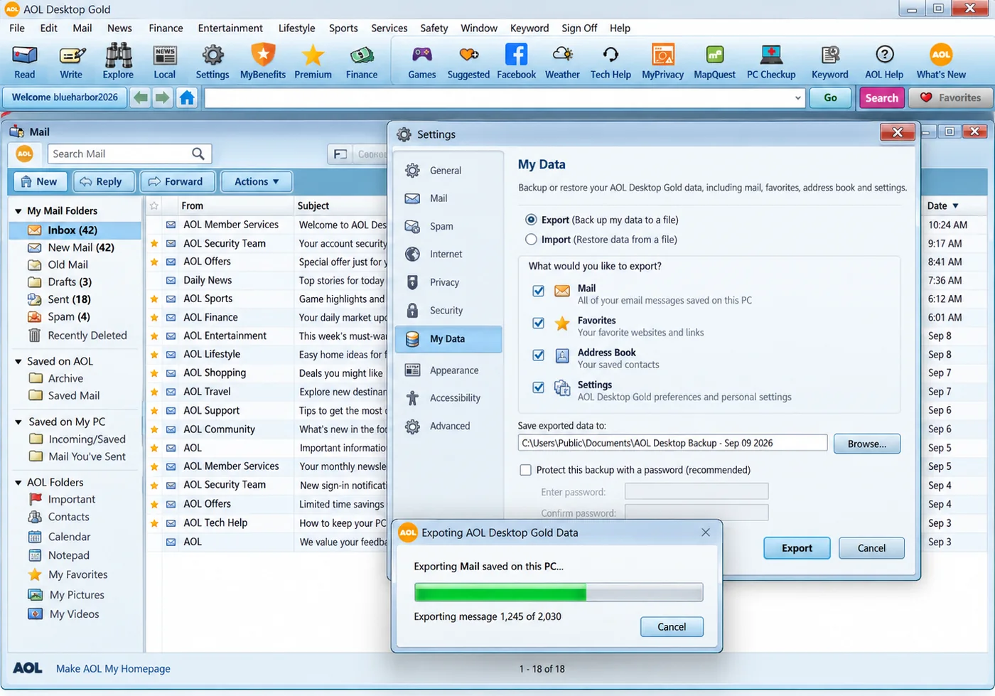 AOL Desktop Gold Settings, My Data screen exporting mail saved on this PC to a backup file
