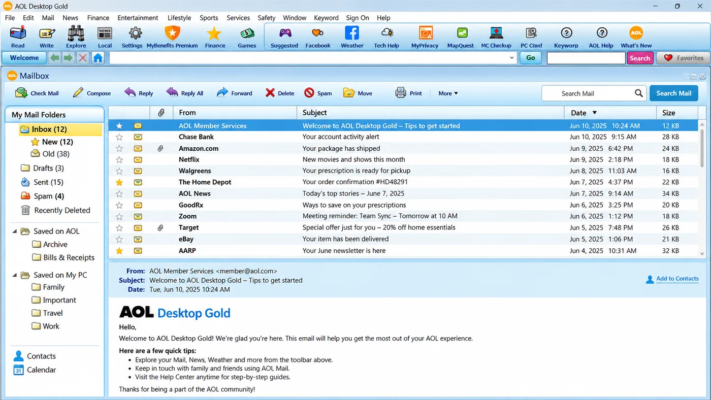 AOL Desktop Gold mailbox showing the Saved on My PC folder tree with Family, Important, Travel and Work folders