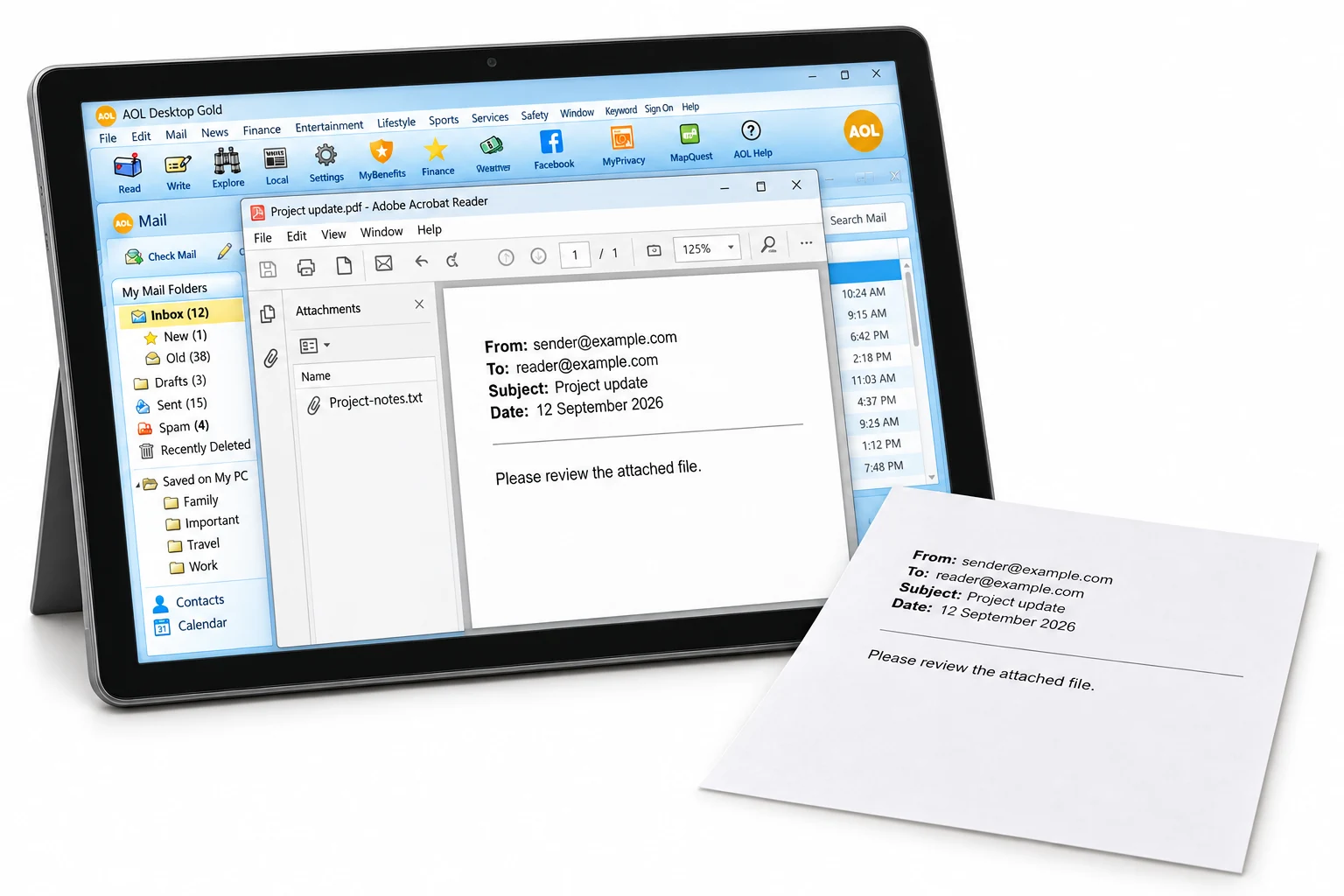 AOL email exported to a PDF with message headers and an attachment panel beside a printed copy.