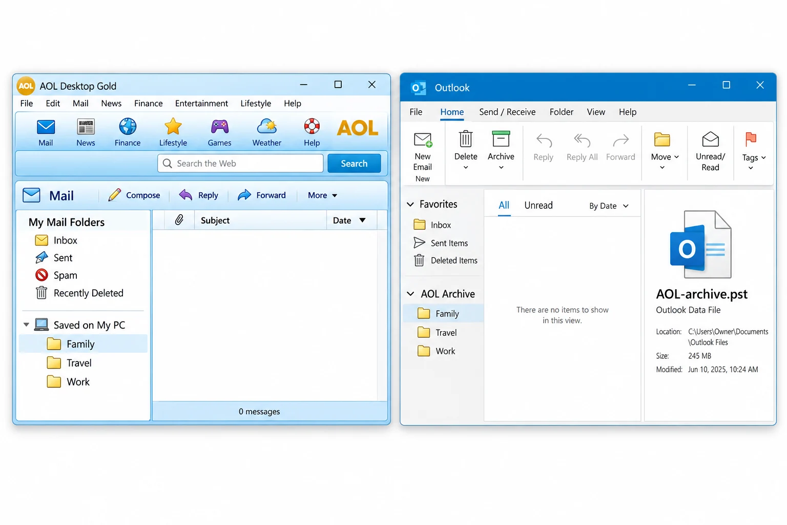AOL Saved on My PC folders beside matching folders in an Outlook PST archive.