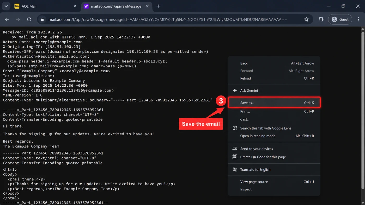The raw AOL email open in a browser tab with the right-click menu open and Save as highlighted
