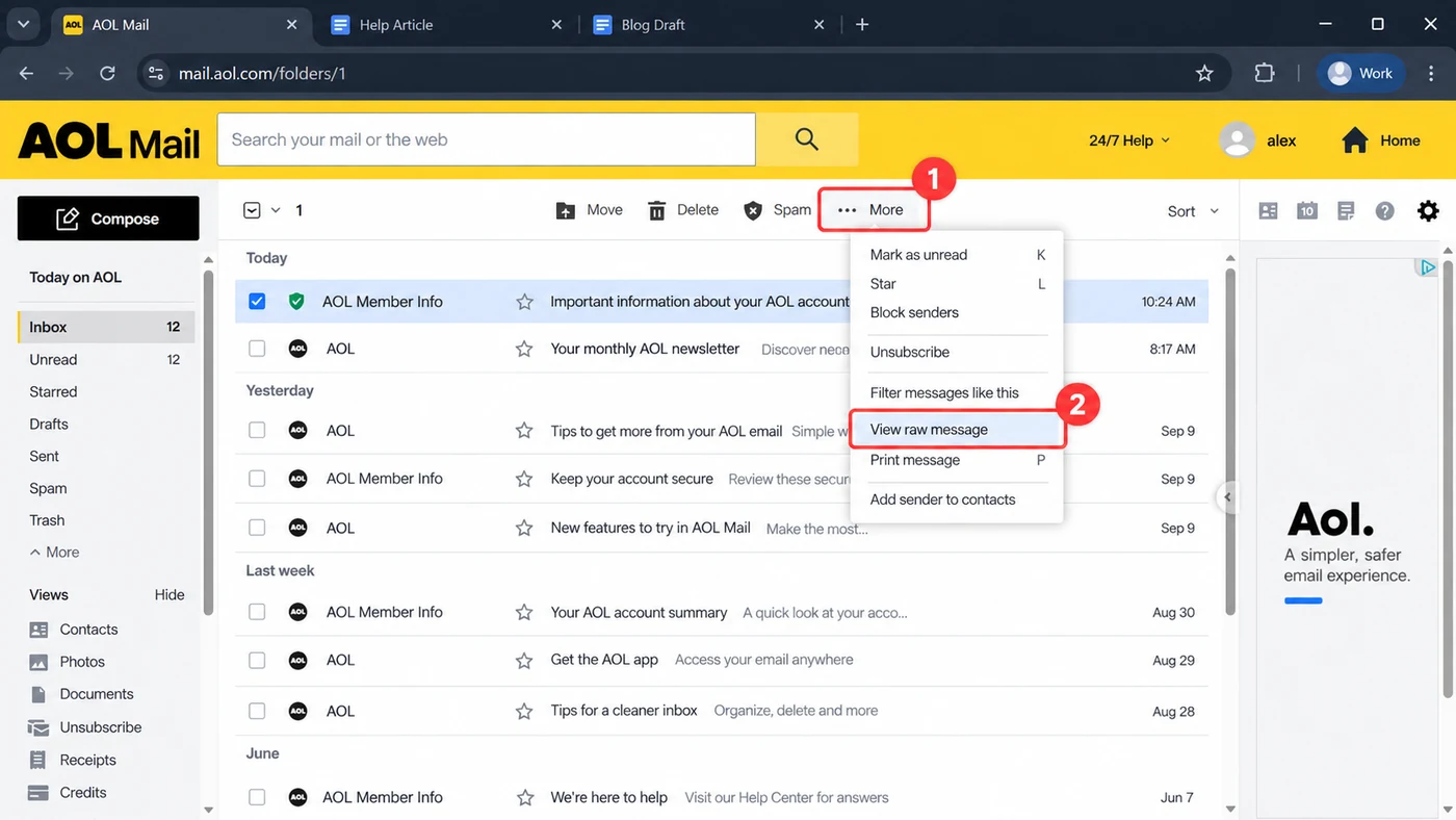 AOL Mail inbox with a message ticked, the More menu open and View raw message highlighted