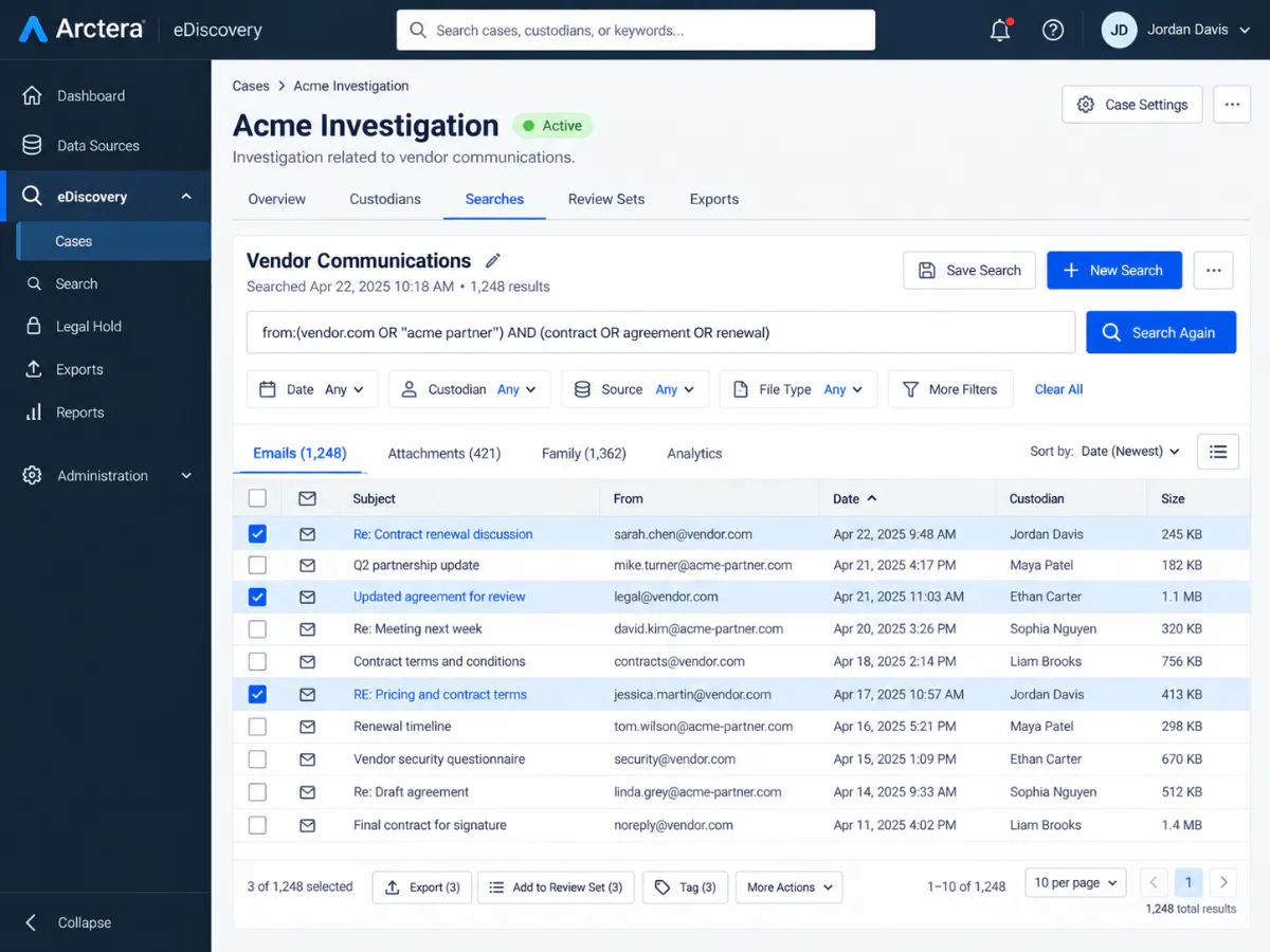 Arctera eDiscovery search called Vendor Communications with 1,248 email results and filter chips